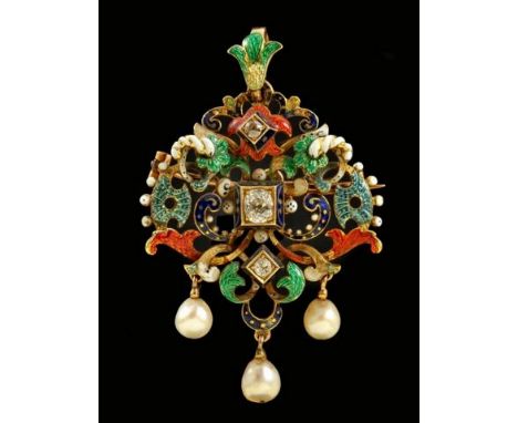 A late 19th Century gold, enamel, diamond and pearl pendant, collet set at the centre with a cushion shaped diamond and two f