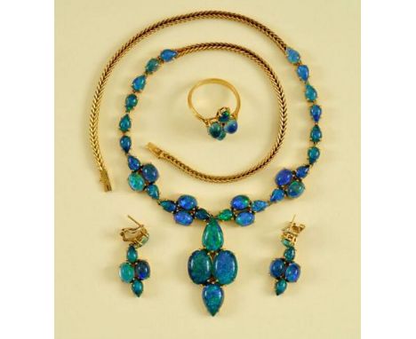 A contemporary gold, black opal doublet and suite, comprising a necklace, ring and a pair of earrings, the necklace claw set 