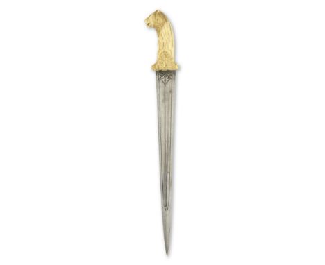 A fine Mughal walrus ivory-hilted watered-steel lion head dagger North India, 17th Centurythe double-edged watered-steel blad