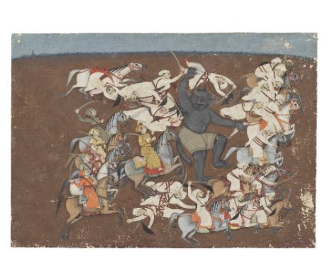 Prince Kamrup at the head of a troop of cavalry attacking a demon Bengal, circa 1780gouache and gold on paper, inscribed vers