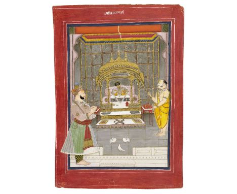 Maharao Ram Singh II (reg. 1827-66) performing a ceremony before Sri Nath-Ji Kotah, circa 1840-50gouache, gold and silver on 