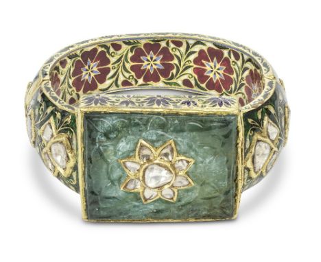 An emerald and diamond-set enamelled gold bangle  North India, 19th/ 20th Centuryof hinged form with pin fastening, the recta