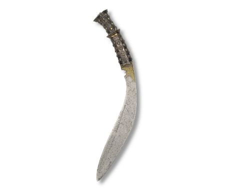 A silver hilted steel dagger (kukri) Nepal, 19th Centurythe curved blade widening towards the point, the silver hilt with fla