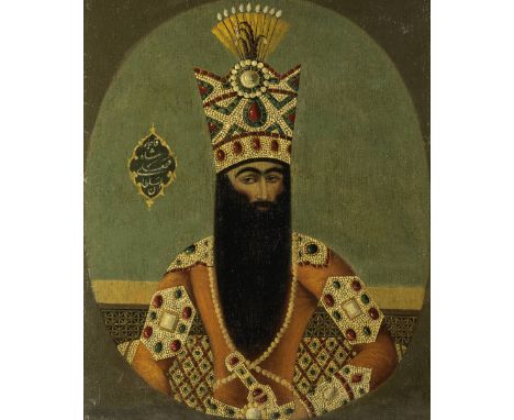 Fath Ali Shah Qajar (reg. 1797-1834) seated at a balcony window Qajar Persia, late 19th Centuryoil on canvas, nasta'liq inscr