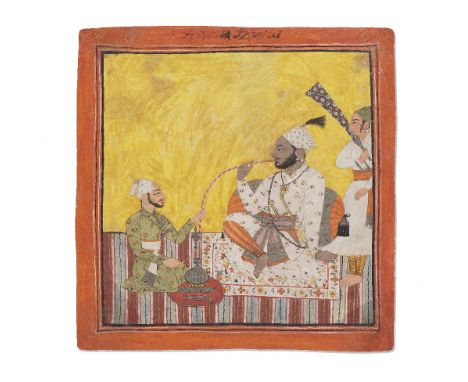 A raja seated smoking a hookah with attendants Chamba, circa 1700gouache and gold on paper, orange border, identifying inscri