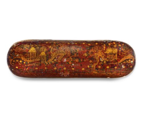 A Deccani lacquer penbox India, 17th Centuryof rectangular form with curved ends, of papier-mâché and wood decorated in polyc