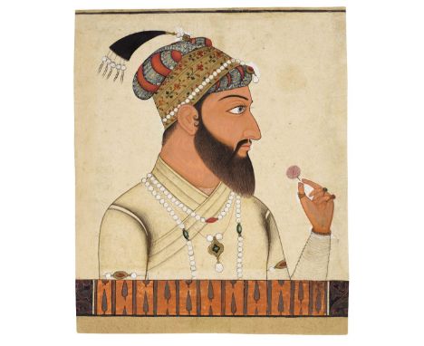The Mughal Emperor Bahadur Shah I (reg. 1707-1712) at a balcony holding a flower Sawar, circa 1710gouache and gold on paper 3