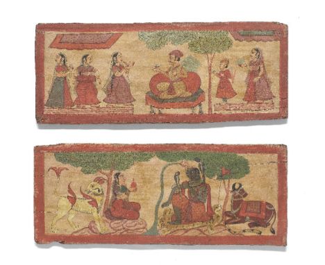 Two painted and lacquered wood manuscript covers, depicting Siva and Parvati with Nandi, and a nobleman with musicians and ot
