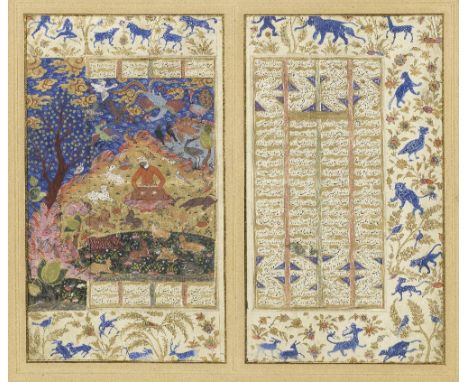 An illustrated leaf, and a text leaf, from Nizami's Kherad-nameh, the second book of the Iskandar-nameh, depicting Plato seat