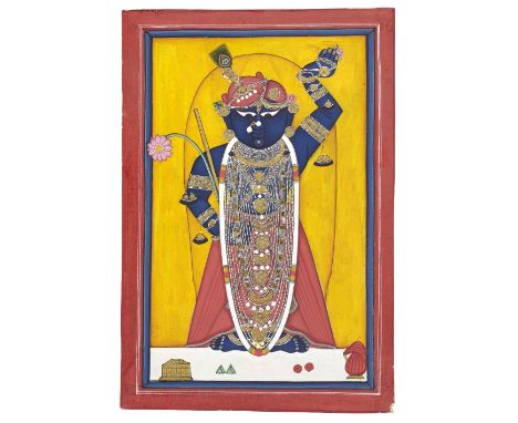 Three paintings depicting Sri Nath-Ji adorned in temple alcoves Kotah, Nathdwara, mid-19th Centurygouache, gold and silver on