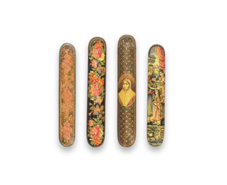 Four Qajar lacquer penboxes (qalamdans) Persia, 19th Centuryeach with rounded ends and sliding tray, variously decorated in p