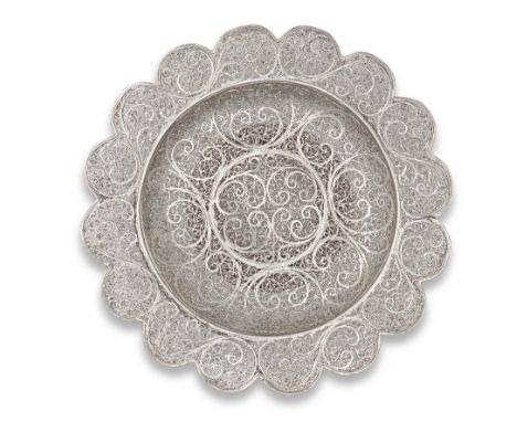 An Indo-Portuguese silver filigree tazza India, probably Goa, 17th/ 18th Centuryof shallow circular form with flattened scall