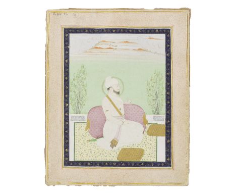 Raja Sansar Chand of Kangra (reg. 1775-1823) seated on a palace terrace Kangra, early 19th Centurygouache and gold on paper, 