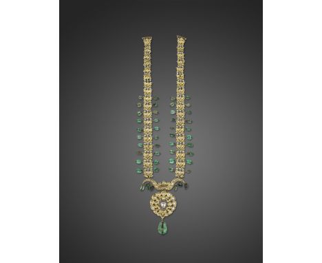 A diamond-set and emerald enamelled gold necklace North India, 19th Centurythe openwork floral pendant with applied silver pa
