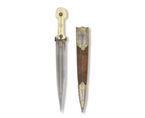A walrus-ivory hilted gold-damascened steel dagger (kindjal) Caucasus, 19th Centurythe double-edged watered-steel blade of ta