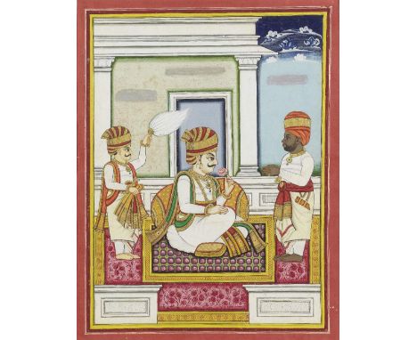 Maharajah Jam Ranmalji (reg. 1820-52), seated on a terrace with two courtiers, Bhavsar Mona and Khavas Demar Nawanagar, Kathi