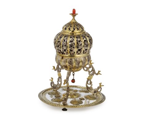 An Ottoman coral-set parcel-gilt silver incense burner Turkey, 18th/ 19th Centurywith waisted body and hinged domed lid on th