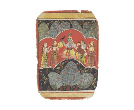 Vasant ragini: Krishna, or a prince in the guise of Krishna, dancing in a forest grove with female musicians Malwa, circa 165
