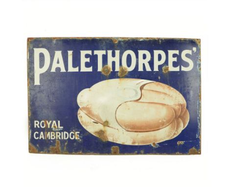 Palethorpes Royal Cambridge sausages pictorial enamel advertising sign, H63cm, W92cm