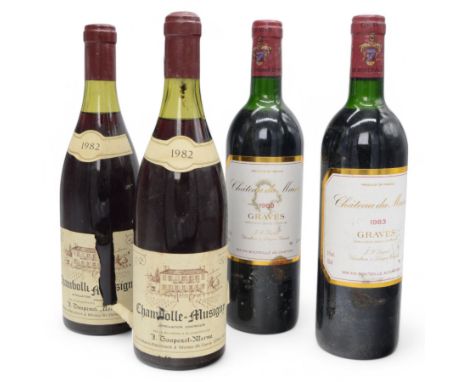 Mixed red wine; two bottles of Chateau du Maine 1983 Graves 12% vol 750ml, two bottles of Taupenot-Merme 1982 Chambolle-Musig