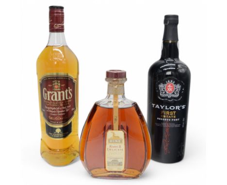 Mixed alcohol; comprising Taylor's First Reserve port 20% vol 100cl, Hine Rare & Delicate cognac 40% vol 70cl and Grants blen