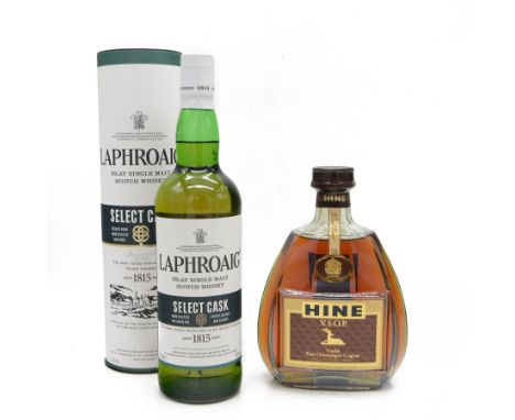 Laphroaig single cask scotch whisky, 70cl 40% vol, together with Hine Fine Champagne Cognac 68cl 40% vol 