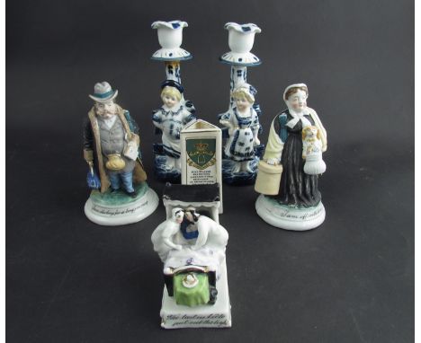 A box of fairing figures, Continental candlesticks and Carlton crested ware