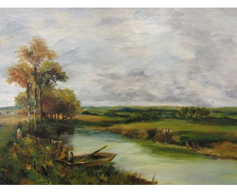 An oil on board of country landscape with boat and figures to foreground, 52cm x 76cm