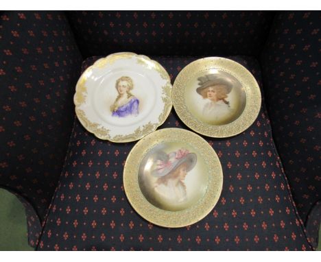A late 19th/early 20th Century Sèvres plate with central portrait of females and two portrait plates with gold back stamps (3