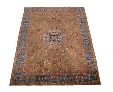 A TABRIZ CARPETSIGNED BY THE MASTER WEAVER JAVAN AMIR KHIZapproximately 373 x 288cm Condition Report: Wear overall. Patches o