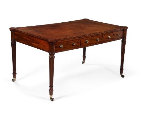 A GEORGE III MAHOGANY LIBRARY TABLEATTRIBUTED TO GILLOWS, CIRCA 1790With tooled leather inset top, above three frieze drawers