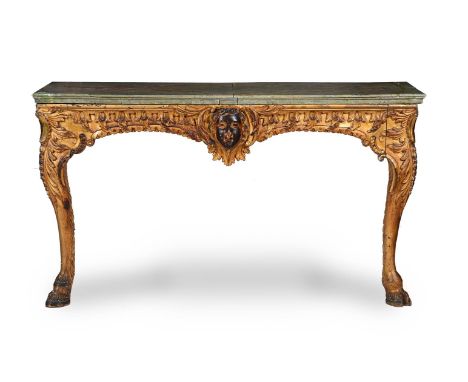 A CARVED GILTWOOD CONSOLE TABLEPOSSIBLY IRISH, IN THE KENTIAN MANNER, PROBABLY FIRST HALF 19TH CENTURY 91cm high, 155cm wide,