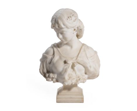HIPPOLYTE FRANCOIS MOREAU (FRENCH, 1832-1927), A WHITE MARBLE PORTRAIT BUST OF A YOUNG WOMAN- SPRINGTIMELATE 19TH/EARLY 20TH 