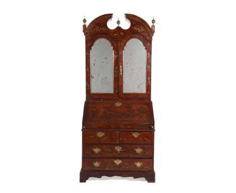 A RED LACQUER AND GILT CHINOISERIE DECORATED BUREAU BOOKCASEENGLISH OR ANGLO-DUTCH, FIRST HALF 18TH CENTURY AND LATER The mir