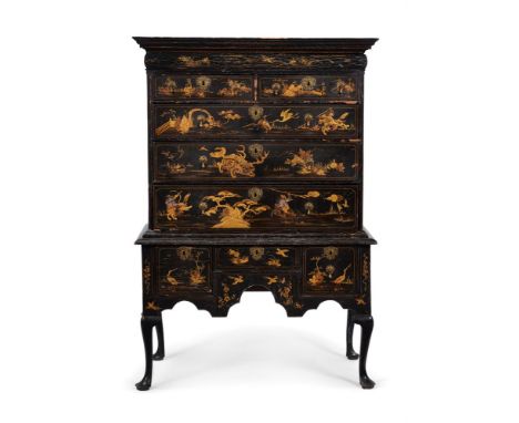 A GEORGE I BLACK LACQUER AND GILT CHINOISERIE DECORATED CHEST ON STAND CIRCA 1720159cm high, 109cm wide, 60cm deep For a ches