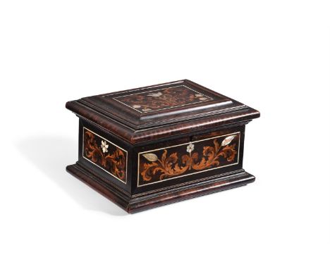 Y AN ITALIAN OLIVE WOOD, EBONISED AND MARQUETRY BOXFLORENCE, LATE 17TH CENTURYWith mother-of-pearl and mixed wood floral inla