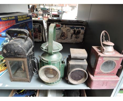 Four various Railway Oil Lanterns, Lamp Manufacturing &amp; Railway Supplies Ltd BR(M), Raydon, Makerfields and similar