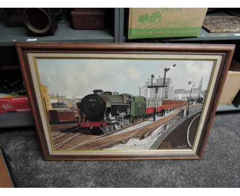 A framed modern Oil on Canvas, R Mooney, 46109 BR Loco and carriages leaving station 90cm x 65cm including frame
