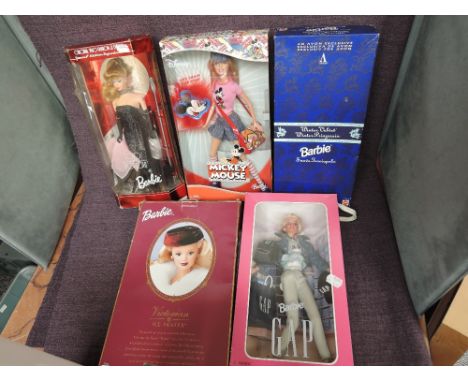 Five 1990's Mattel Barbie Dolls, Solo in the Spotlight, Mickey Mouse, Victorian Ice Skater, Winter Velvet and Gap, all in ori