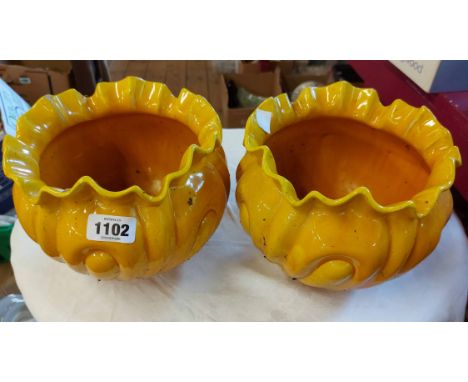 A pair of 19th Century Bretby Art Pottery jardinières with fluted decoration and a yellow glaze finish - various condition