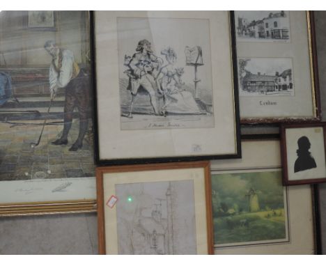 A pen and ink sketch, Alan Colledge, Lenham, 24 x 15cm, and a decorative print, fantastic French musician, 26 x 23cm, plus fr