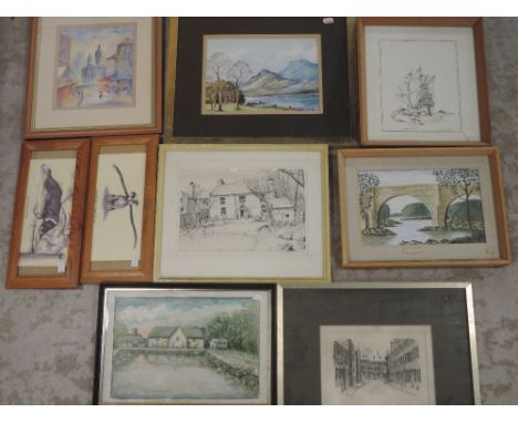 A watercolour, Lakes landscape, 16 x 22cm, plus frame and glazed, a pencil sketch, Millar, Mayflower, signed and dated 1961, 