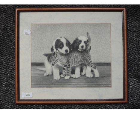 A sketch, F Greenhall, puppies and kitten, signed and attributed verso, 22 x 28cm, plus frame and glazed