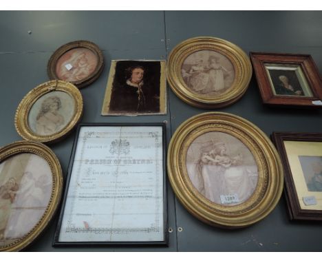 A selection of prints, portrait studies, inc Duke Of Wellington, 10 x 8cm, plus frame and glazed