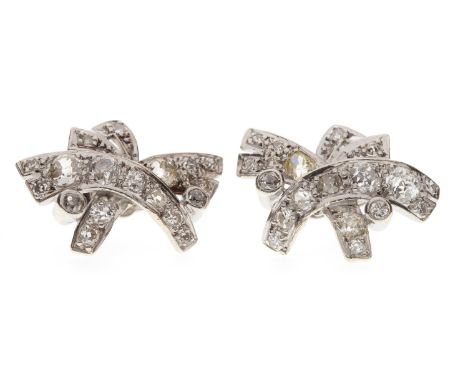 PAIR OF DIAMOND SET DRESS EARRINGS, each set with old cut diamonds in a cross formation, one butterfly marked PLAT, 5.3g gros