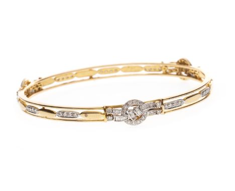 DIAMOND BANGLE, of circular form, with three diamond set sections, 68mm diameter, unmarked, 20.2g