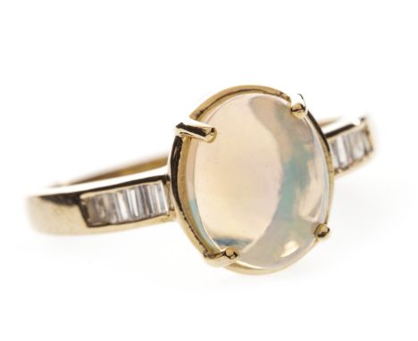 OPAL RING, the cabochon opal flanked by baguette cut diamonds on each shoulder, in nine carat gold, size S, 2.9g