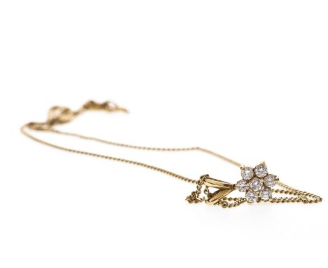 DIAMOND FLORAL CLUSTER PENDANT ON CHAIN, set with a round brilliant cut diamond surrounded by six round brilliant cut diamond