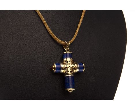 LAPIS LAZULI CROSS PENDANT ON CHAIN, the cross formed by cylindrical sections of lapis lazuli and a central pierced gold sect