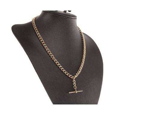 DOUBLE ALBERT WATCH CHAIN, formed by curb links, each marked 375, with a T bar and two dog clip clasps, 40g